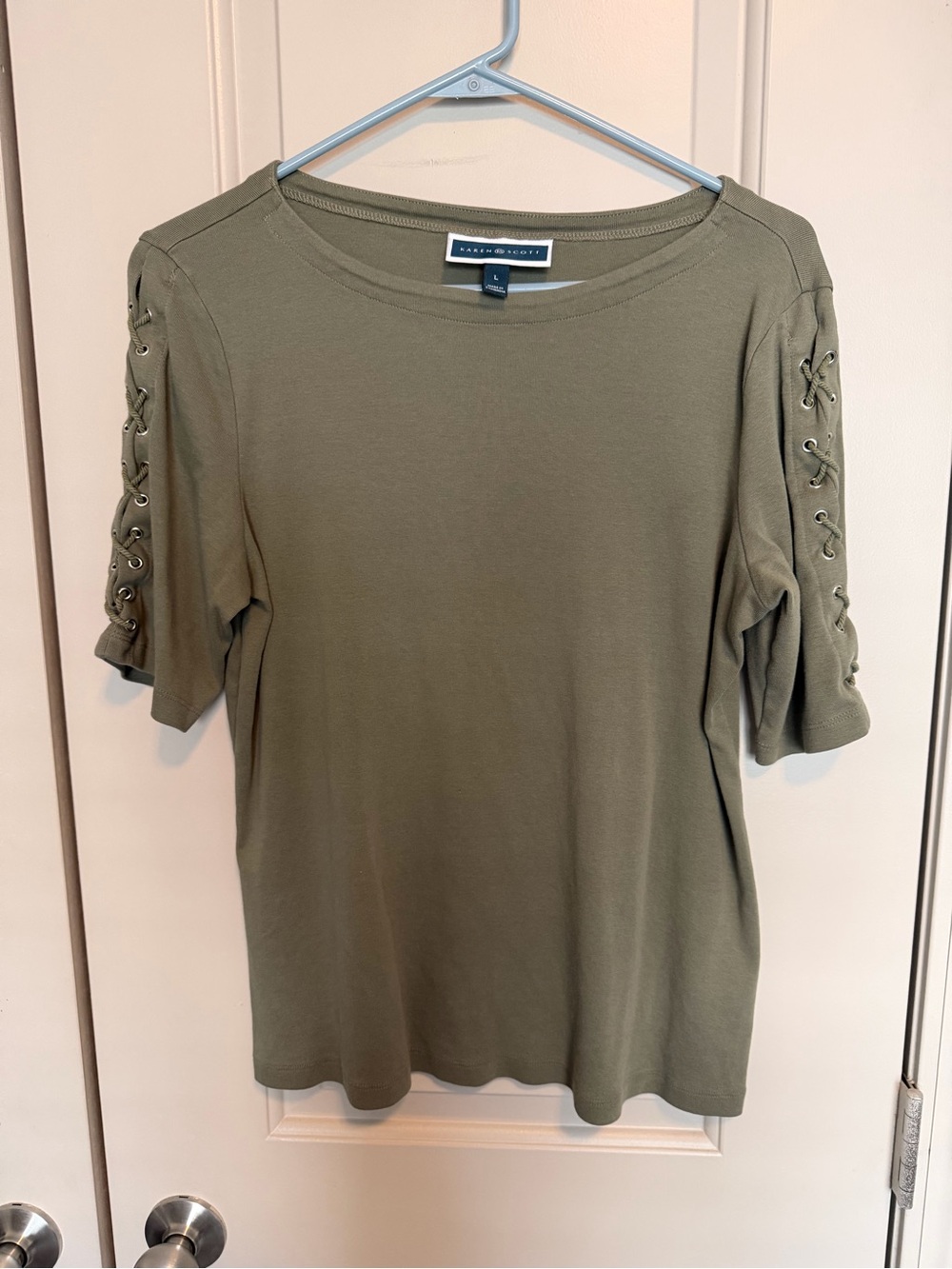 Karen Scott Olive Short Sleeve Top with Lace-Up Sleeves